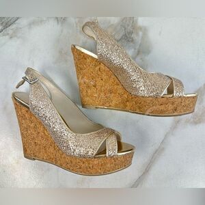 Aldo Gold Sparkle Open Toe Slingback Cork Wedge Platform Sandals, Sz 6.5